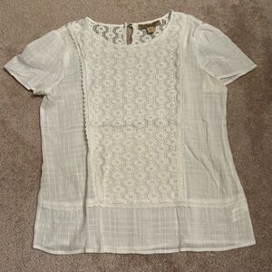 Neutral Lace-Front Linen Women’s Blouse - White